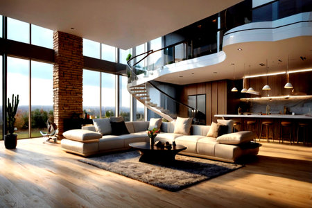interior of modern house, living room, kitchen and dining area