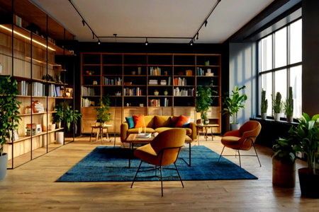 Interior of modern living room with armchairs and bookshelves