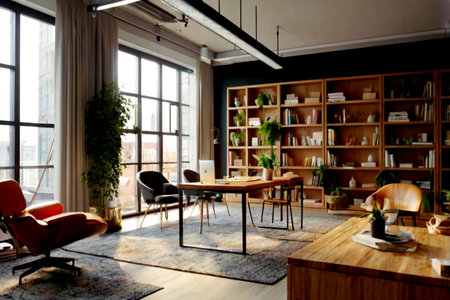 Interior of a modern office with wooden furniture and bookshelves