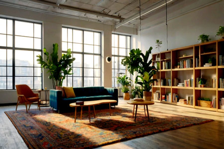 Interior of a modern living room with a large window and green plants