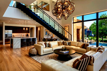Luxury living room with leather sofa, coffee table and stairs