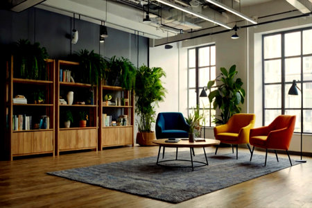 Modern office interior with furniture and daylight. 3d rendering mock up