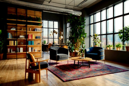 Interior of modern living room with bookshelf, armchairs and plants