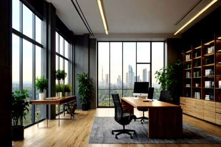 Modern office interior with panoramic window and city view. 3D Rendering
