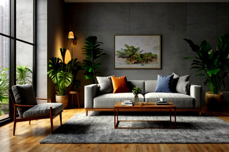 Interior of modern living room with gray walls, wooden floor, grey sofa and armchairs. 3d render