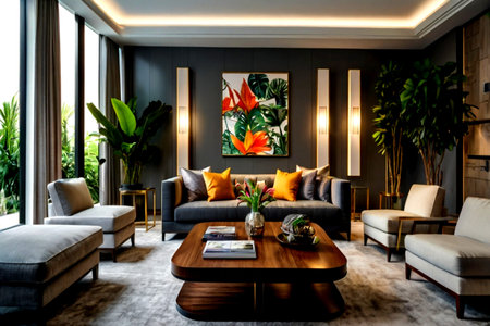 Interior of modern living room with sofa, coffee table and plants