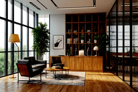 Interior of a modern office with large windows and a wooden floor