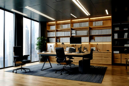 Modern office interior with wooden walls, wooden floor and rows of computer tables