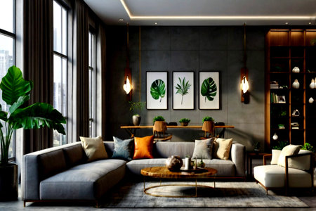 Modern living room interior design with sofa, coffee table and plant. 3d render