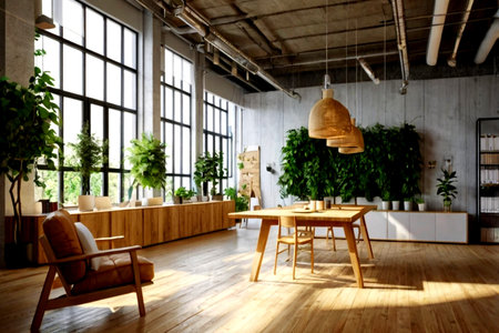 Interior of modern office with wooden walls, wooden floor, comfortable armchair and coffee table. 3d render