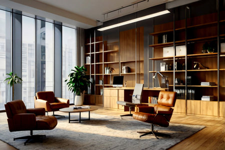 Modern office interior with furniture and city view. 3D Rendering