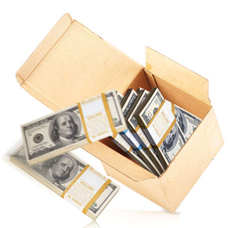 Box of dollars money  Isolated on white backgroundの写真素材