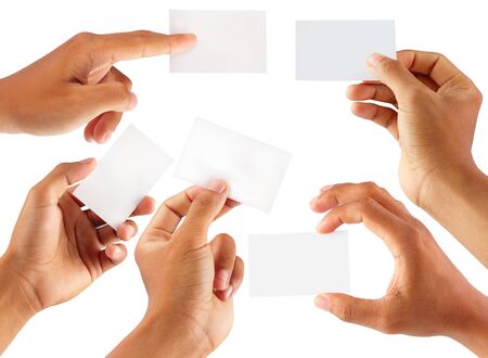 Set of hand holding an empty business card over whiteの写真素材