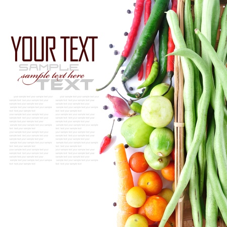 Tomatos, long bean, onion, & red chili  on white background (with sample text)の写真素材