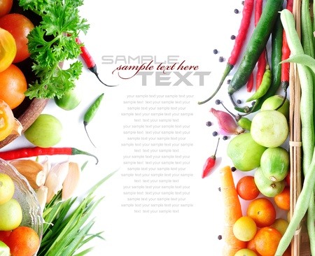 Tomatos, long bean, onion, red chili  on white background (with sample text)の写真素材