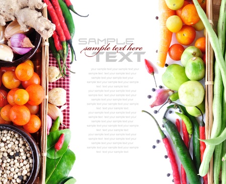 Tomatos, long bean, onion, red chili  on white background (with sample text)の写真素材