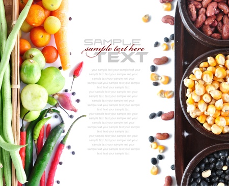 Tomatos, long bean, onion, corn & red chili  on white background (with sample text)の写真素材