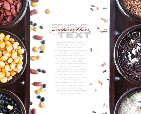 rice, corn, & bean  on white background (with sample text)の写真素材