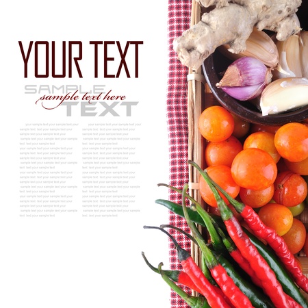Tomatos, chives, garlic, red chili, ginger and pepper on white background  with sample text の写真素材