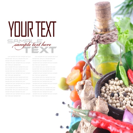 Tomatos, chives, garlic, red chili, ginger and pepper on white background  with sample text の写真素材