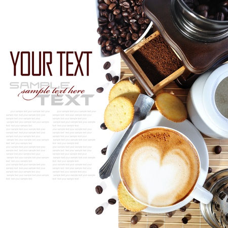 Coffee Break Menu ( With coffee ingredient, coffee grinder sample text )の写真素材