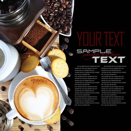 Coffee Break Menu ( With coffee ingredient, coffee grinder sample text )の写真素材