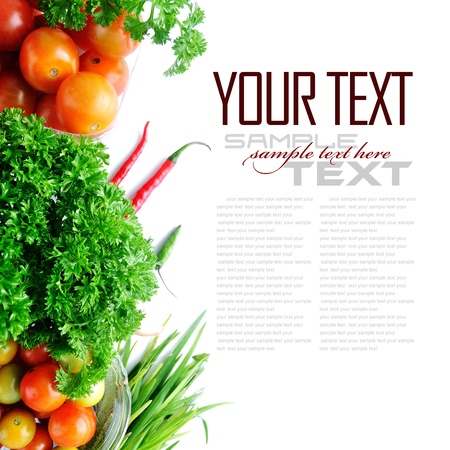 Tomatos, chives, garlic, red chili, and parsley on white background  with sample text の写真素材