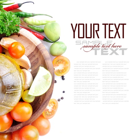 Tomatos, chives, garlic, red chili, lime and parsley on white background  with sample text の写真素材