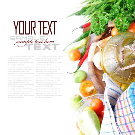 Tomatos, chives, garlic, red chili, lime and parsley on white background  with sample text の写真素材