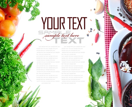 Tomatos, chives, garlic, red chili, rice and parsley on white background  with sample text の写真素材