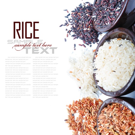 Bowls of uncooked rice over white with sample textの写真素材