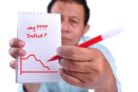 business man writing why defisit? in notepadの写真素材