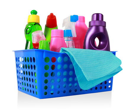 Colorful cleaning products isolated over whiteの写真素材