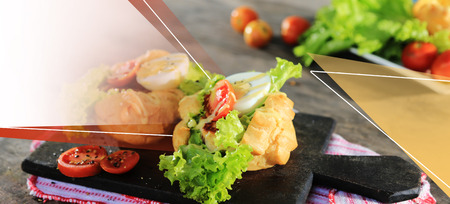spicy chicken sandwich with boiled egg,vegetables, and mayonnaise sauce for template design