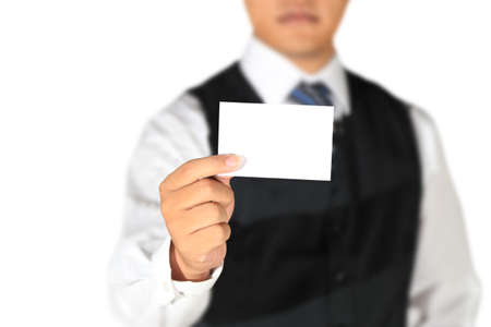Businessman holding blank paper templateの写真素材