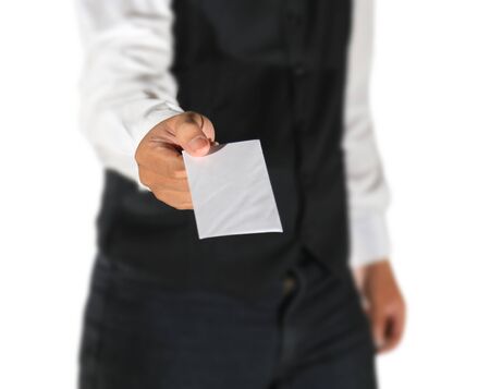 businessman holding blank paper templateの写真素材