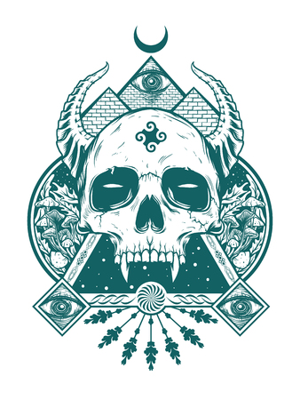 devil skull for shirt design in black white conceptのイラスト素材