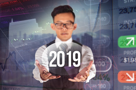 businessman showing bubble of finance in year 2019の写真素材