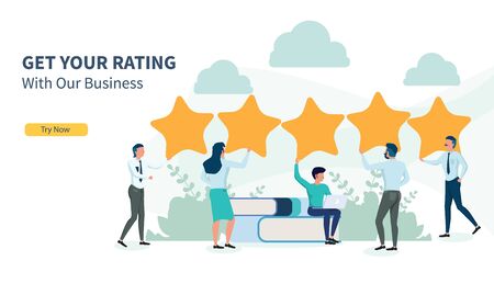 business people looking for rating with flat design and landing page