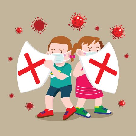 kids protecting with shield from corona virusのイラスト素材