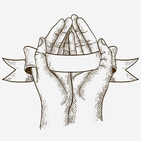 hope hand with ribbon illustration with engraving styleのイラスト素材