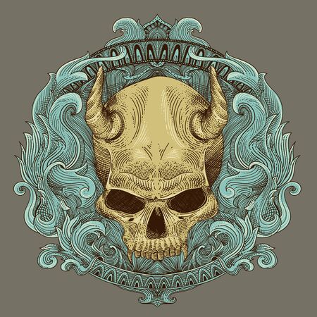 Devil skull engraving and heraldry badge for shirt designのイラスト素材