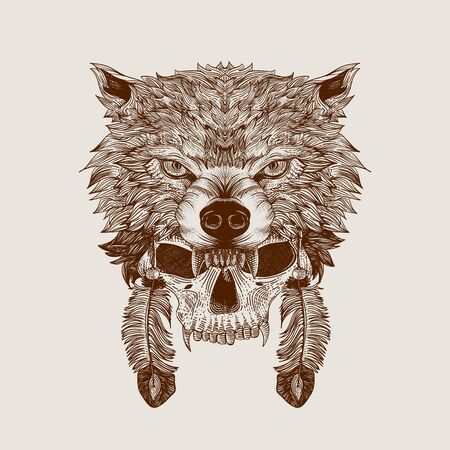 Wolf Chief head with skull engravingのイラスト素材