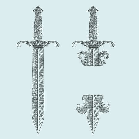 vintage dagger with engraving style setのイラスト素材