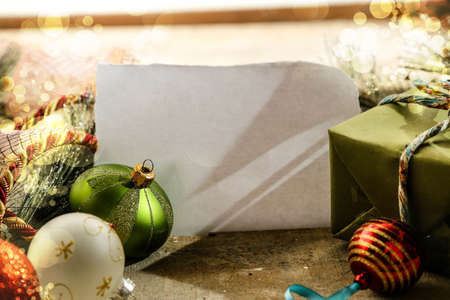 Christmas background with copy space and blank paperの写真素材