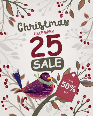 Christmas framing poster with bird and firのイラスト素材