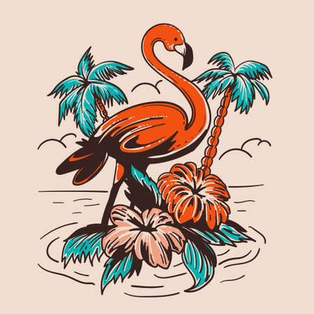 summer flamingo bird with tropical backgroundのイラスト素材