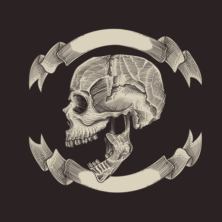 vintage skull head with ribbonsのイラスト素材