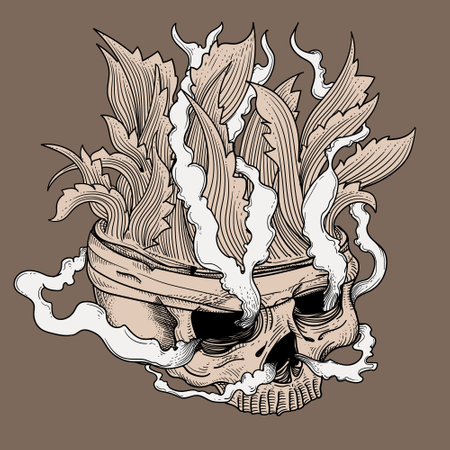 hand drawn head skull with smoke and ornamentのイラスト素材