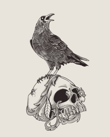 dead skull with standing ravenのイラスト素材